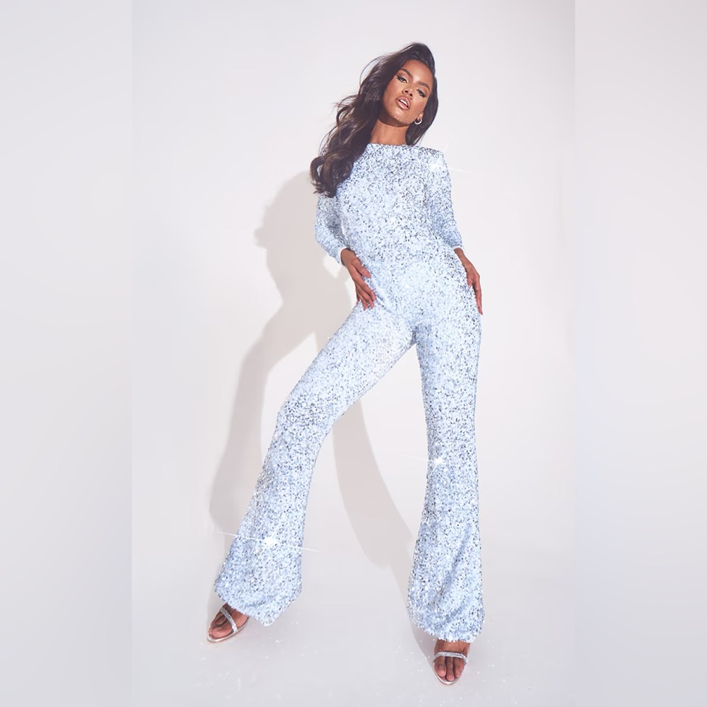 PrettyLittleThing white sequin jumpsuit, size 6